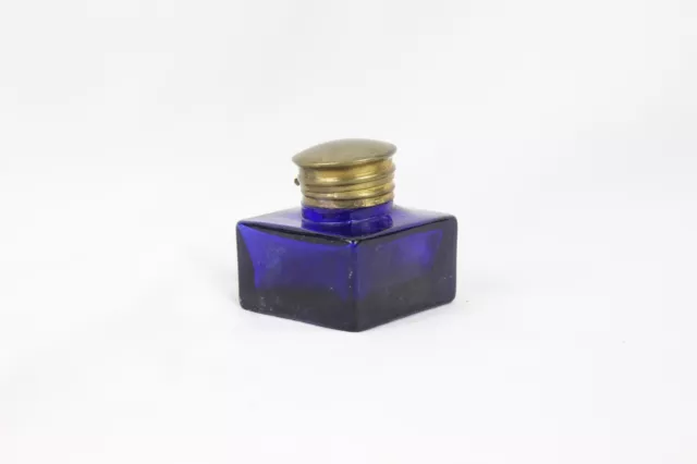 Vintage Cobalt Blue Glass Old Ink Pot Brass Lid Fitted - Collectible Inkwell