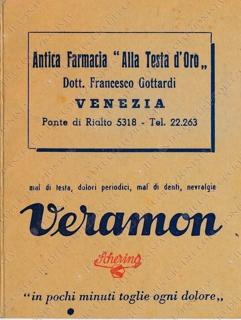 1953 Antica Farmacia ALLA TESTA D’ORO Veramon Venezia tessera pubblicitaria