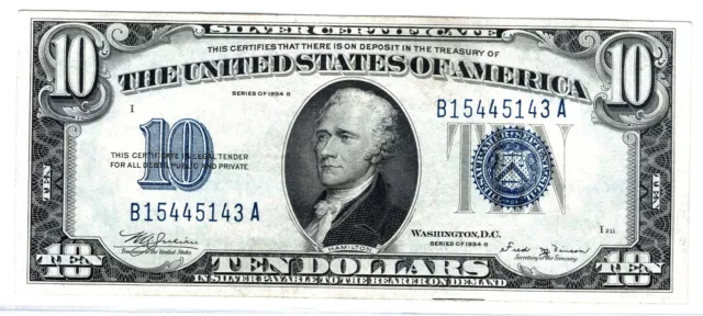 1934B $10 Blue Seal Silver Certificate, Key & Second Rarest Of $10 Sc After1933