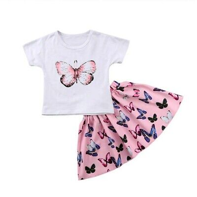 Girls Butterfly Skirt And Shirt Set 2 3 4 5 6 7 years pink and white 2 pc outfit