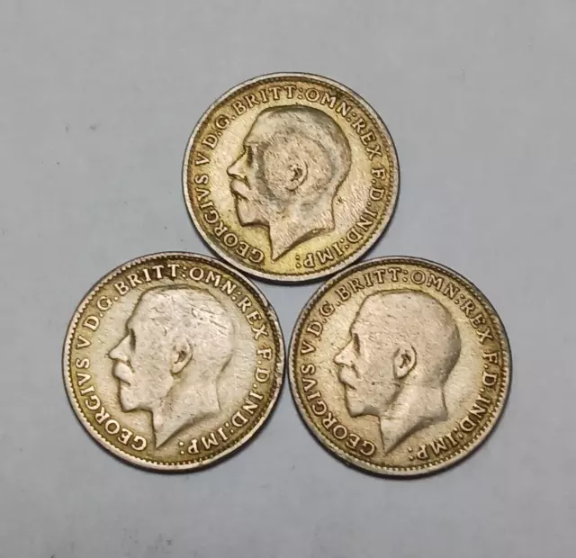 3x Great Britain Silver 3 Pence Coins - George V - 1920, 1921, 1922 - Threepence