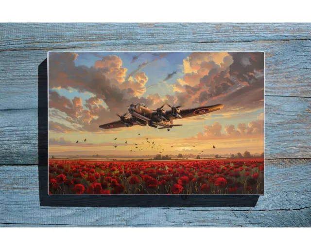 Lancaster Bomber A3 Canvas WW2 RAF Avro Plane Poppy Fields - 12"x18" Wall Art