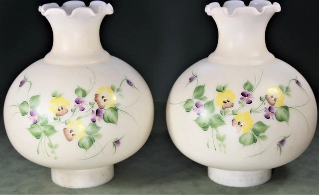 Pair of Milk Glass Lamp Shades Hand Painted Pansies,Violets,  3” Fitter, 8" tall