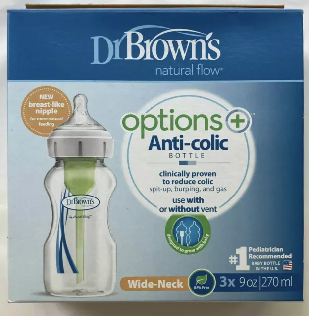 Dr. Brown's Natural Flow Options Baby Bottles wide neck 3 Pack 9 Oz level 1 New