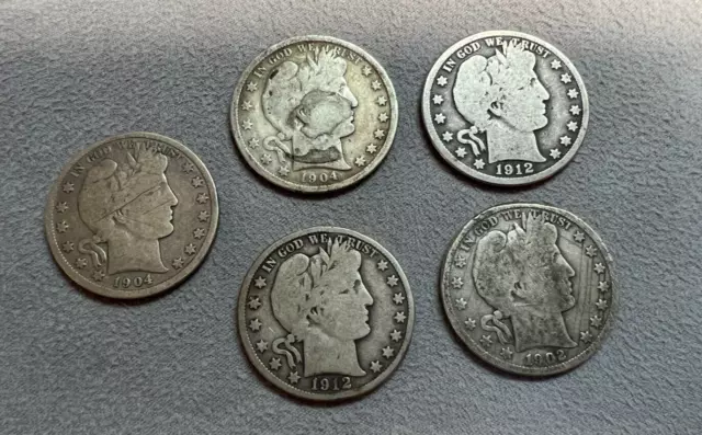 Lot of 5 Barber Silver Half Dollars, 1912D 1904P 1904 1912P 1902O