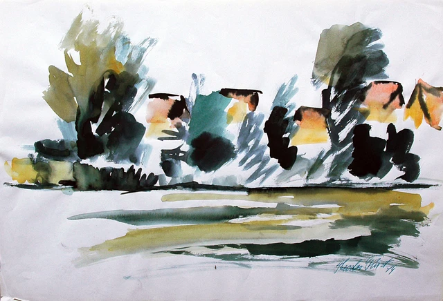 THEODOR FÜRST 1946-2008: Dorfstraße mit Weiher Aquarell Mittelfranken ...