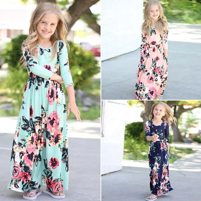 Bambino Manica Lunga Maxi Vestito Floreale Vacanza Festa Principessa Abiti Au