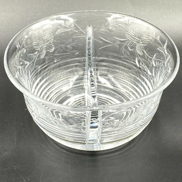 Vintage Divided Relish Dish Cut Glass Flowers Small Bowl Ribbed 5-3/8" Olive DH