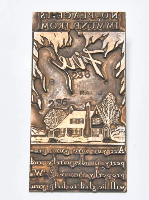 Vintage Letterpress Copper On Metal Printers Block Fire Insurance Scene #8