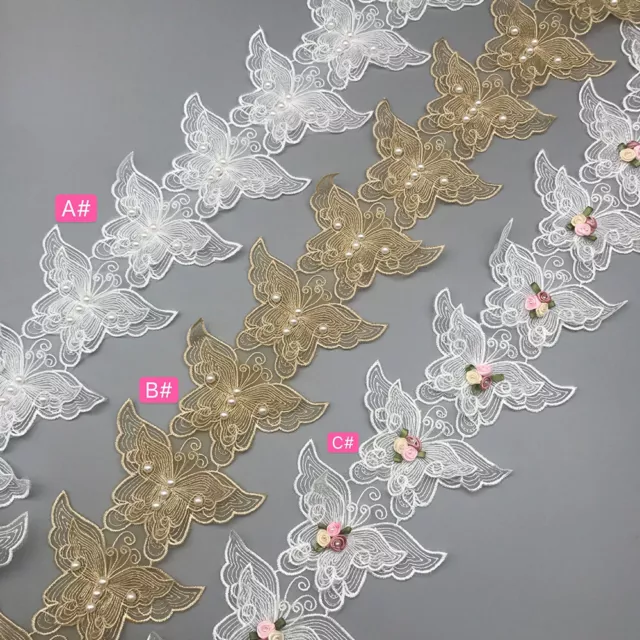 1 Yard Butterfly Beaded Embroidered Trim Lace Ribbon Sewing Wedding Dress Trims