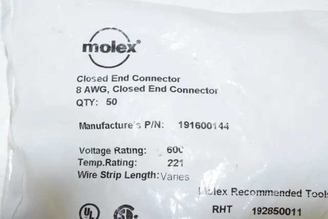 NEW Molex 8AWG Closed End Connector 191600144 bag of 50 Connectors