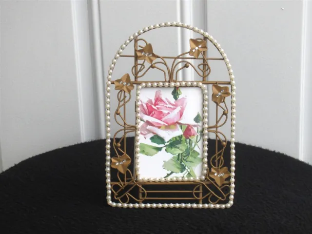 Gold Tone Picture Frame Rhinestones, Stand Alone With Rose Print