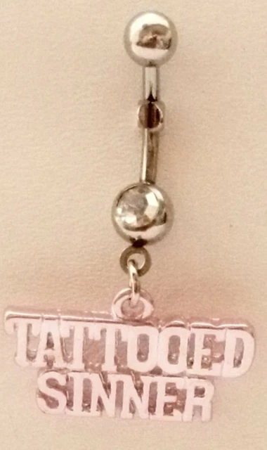 Belly Ring Tattooed Sinner w/Clear Gem Dangle Naval Steel Body Jewelry