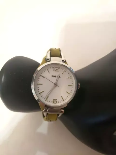 Fossil  Womens Watch Silver Tone Case Yellow Beige Leather Band