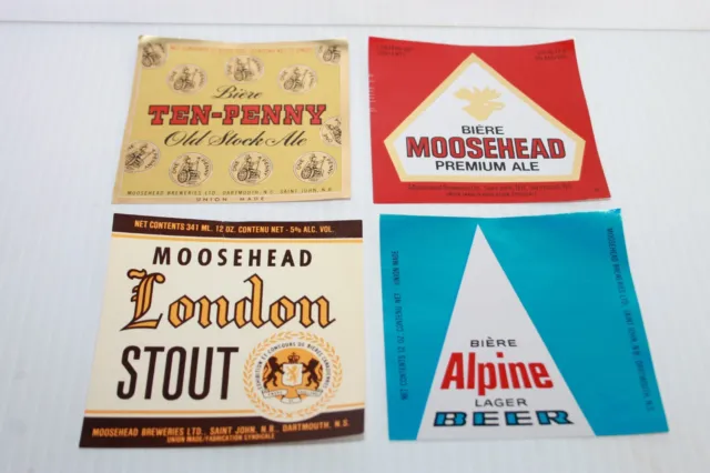 70's Lot of 4 12oz Beer Bottle Labels-Moosehead Breweries-Canada
