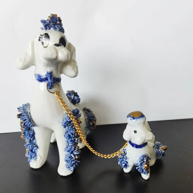VTG Dogs Puddles (2) Porcelain Figurines White Blue Hand Painted Home Décor Gift