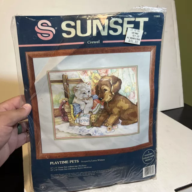 Playtime Pets 1995 Dimensions Sunset Crewel Embroidery Kit #11089 Puppy Kitten