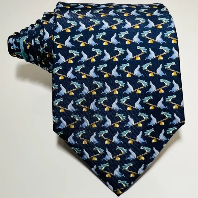 Salvatore Ferragamo Blue Silk Tie w Penguins&Sea Lions On Seesaws 58.5x3.675”