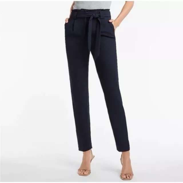Express High Rise Ankle Belted Pants Navy Blue Straight Leg Womens Size 2R