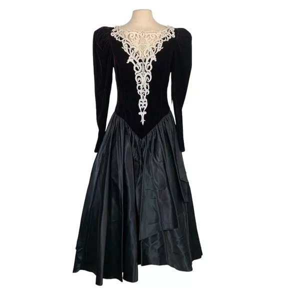 Vintage HW Collection Womens Victorian Velvet Satin Midi Dress Black Size S/M
