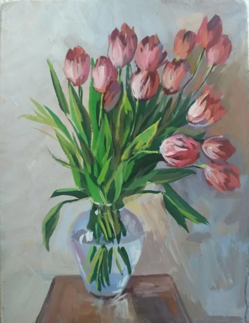 ORIGINAL Realismus Gemälde Blumenstrauß aus Tulpen Blumen Kunst 5,90''/4,33''