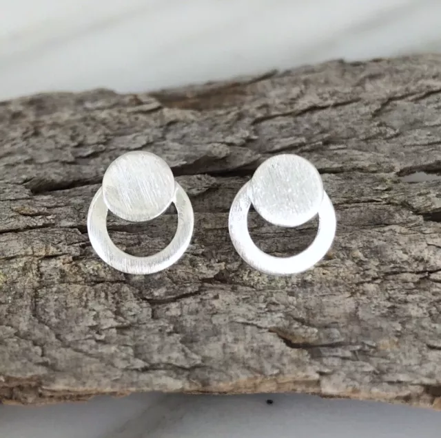 Genuine Sterling Silver 925 Small Double Circle Matt Finish Stud Earrings