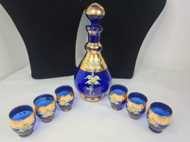 Bohemian Cobalt Blue Glass Gold Painted Cordial Set Decanter & Shot Glasses