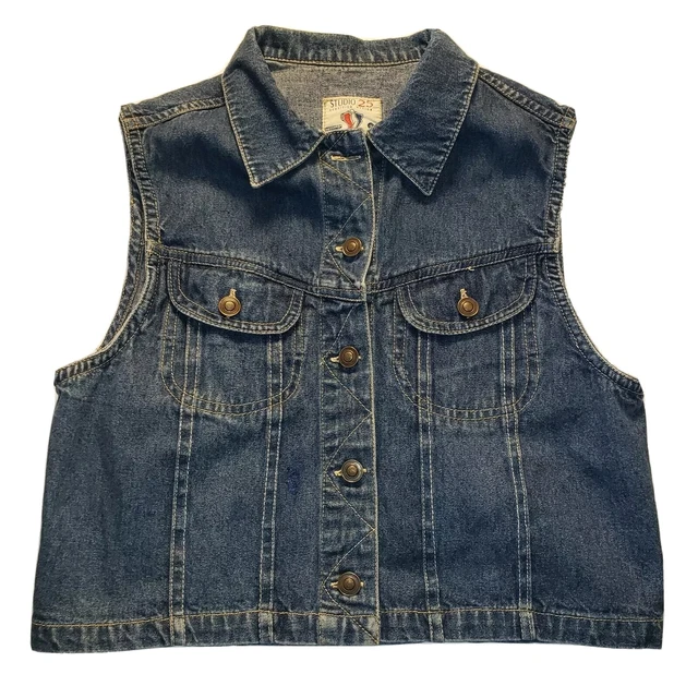 Women's Vintage Studio 25 Denim Summer Dress Vest 100% Cotton Retro Biker Sz M