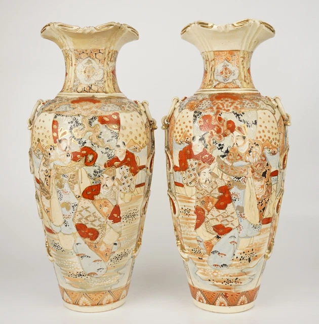 LARGE Pair Antique Japanese Satsuma Pottery 'Ribbon' Vases 19th C Meiji SIGNED