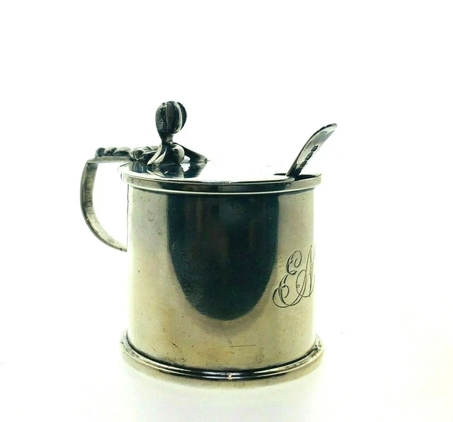 Sterling Silver Mustard Pot & Spoon Blue Glass Liner Initialled "EN" 92.34g 39mm