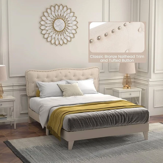 Double Platform Bed with Storage & Tufted Headboard – Cream main image 1