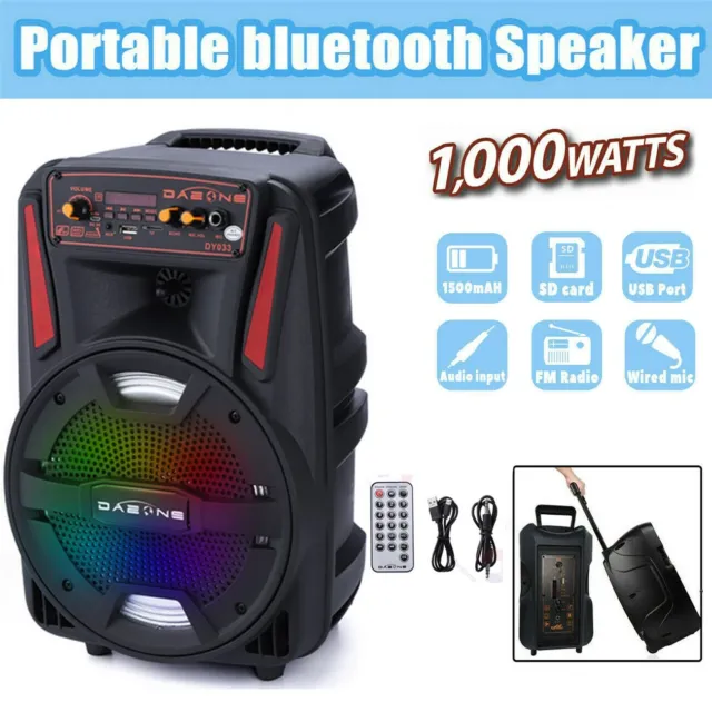 8" Portable Bluetooth Outdoor Party Speaker Heavy Bass Sound Remote FM LED Light