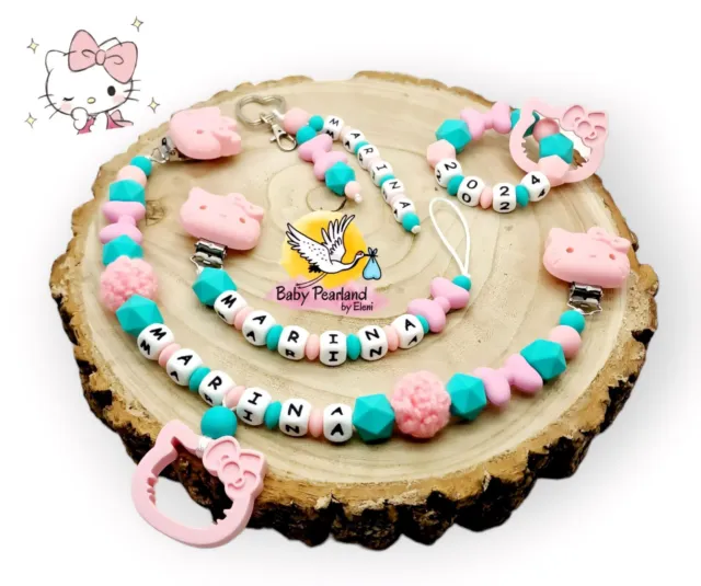 Babyset Schnullerkette mit Namen (4 Teile) ♡ Mädchen ♡ Geschenk ♡ Hello kitty 💝