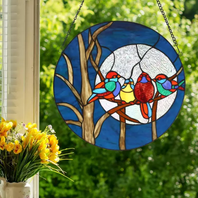 Happy Birds Suncatcher Tiffany Style Stained Glass Window Panel 16in Round