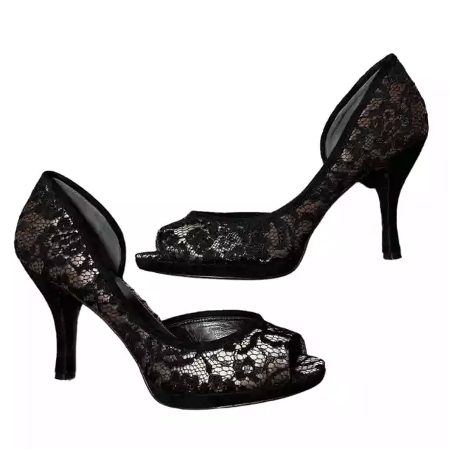 Via Spiga Malibu d’Orsay Peep Toe Pump Black Lace High Heel Shoes Italy Size 8.5