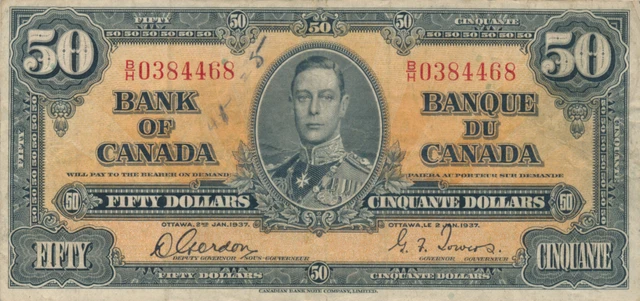 Canada $50 Dollars 1937 Gordon-Towers Bc-26B Bh0384468 - F
