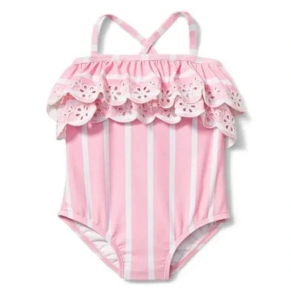 Janie & Jack Pink Eyelet Ruffle Swimsuit Sz 12 to 18 Months UPF+50 Lined