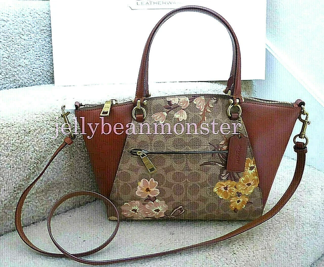 COACH 67164 PRAIRIE SIGNATURE FLORAL LEATHER SATCHEL CROSSBODY BAG Tan Rust NEW