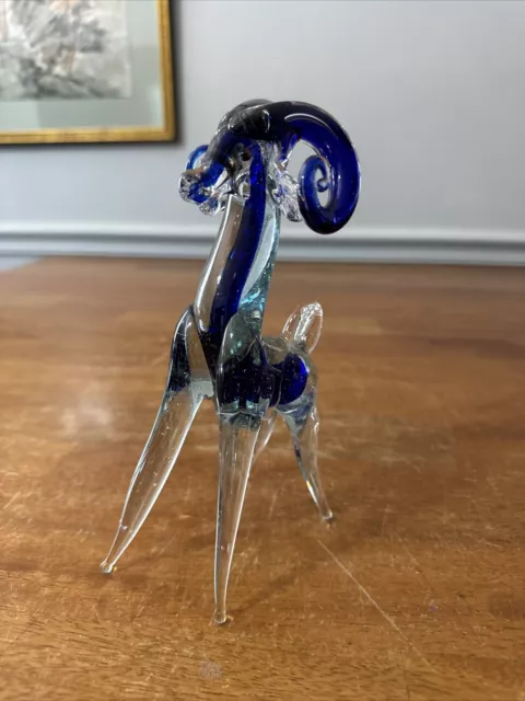 Hand Blown Art Glass Clear Blue Goat Ram Animal Figurine