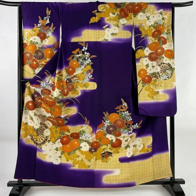 Japanese Kimono Furisode Pure Silk Frail Gold Paint Purple Haze Gold Thread