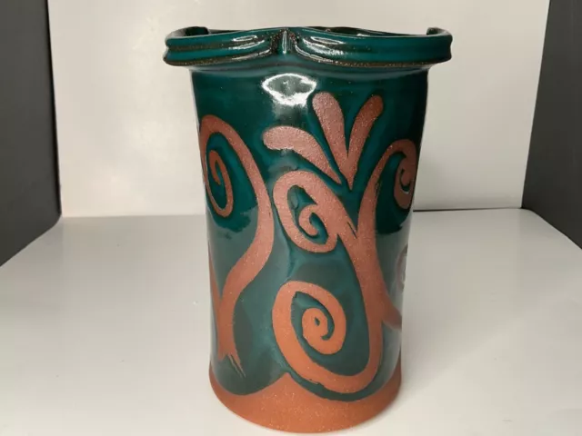 Red Ware Art Pottery Vase.w/Blue,Green Glaze&Swirl Design .Signed.