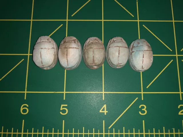 Five ( 5 ) Antique Egyptian Carved Stone Faience Scarab Beads Pendants
