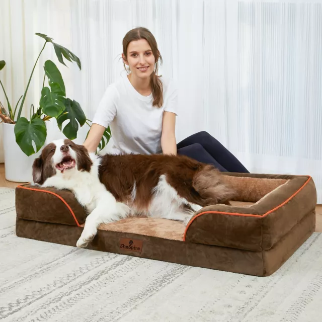 Brown Memory Foam Bolster Dog Bed for Large Dog -Orthopedic Pet Sofa with Cover