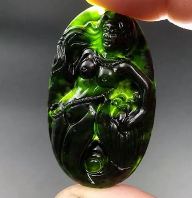 Amulet necklace natural jade  jadeite statue Chinese black green pendant Beauty
