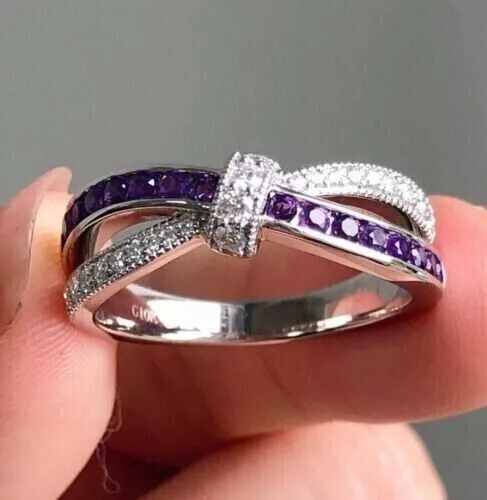 Bague de mariage en diamant améthyste simulé taille ronde 2 ct plaquée or...