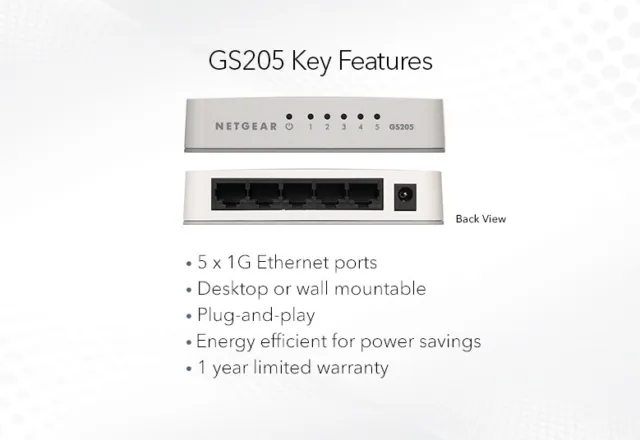 Netgear GS205-100PES Gigabit Ethernet Switch a 5 porte 10/100/1000 Mbps