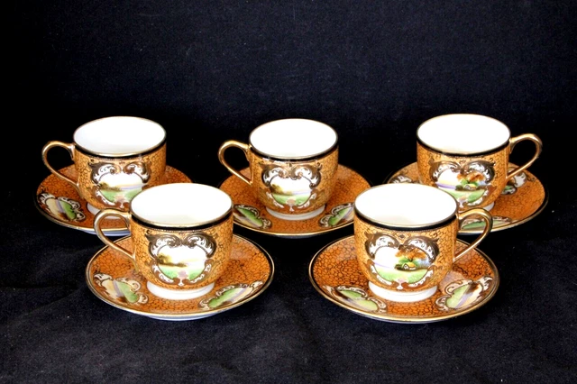 Lot Of 5 Nippon Demitasse Teacup & Saucer Sets Hand Painted Art Nouveau Moriage
