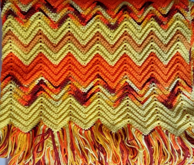 Crocheted Afghan Blanket~Brown~Orange~Yellow~48" X 84"~Zig Zag Design~Fringe