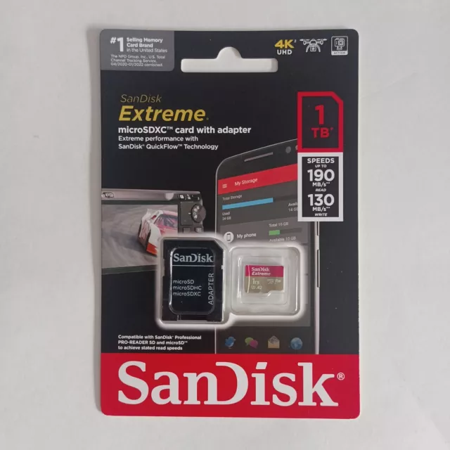 Tarjeta de memoria microSDXC SanDisk Extreme 1 TB UHS-I U3 con adaptador SD nueva y sellada