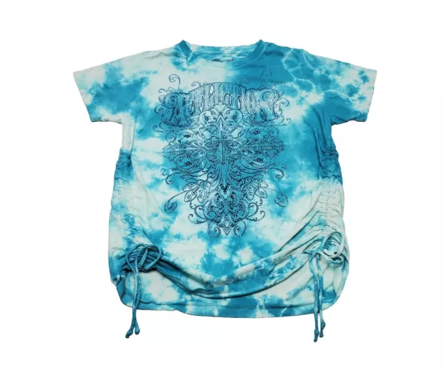 Affliction Blue Tie Dye Embellished Sleeve Shirt Drawstring Sides Women's Medium